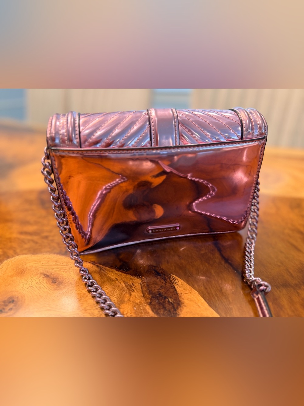 Rebecca Minkoff Chevron Quilted Love Crossbody Metallic Rose Gold Finish GUC - Picture 16 of 17